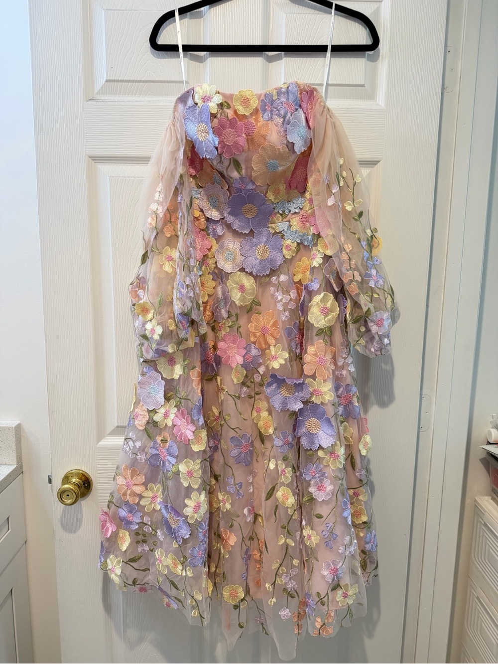 Floral Embroidered Off-Shoulder Midi Dress in Pastel Multi
